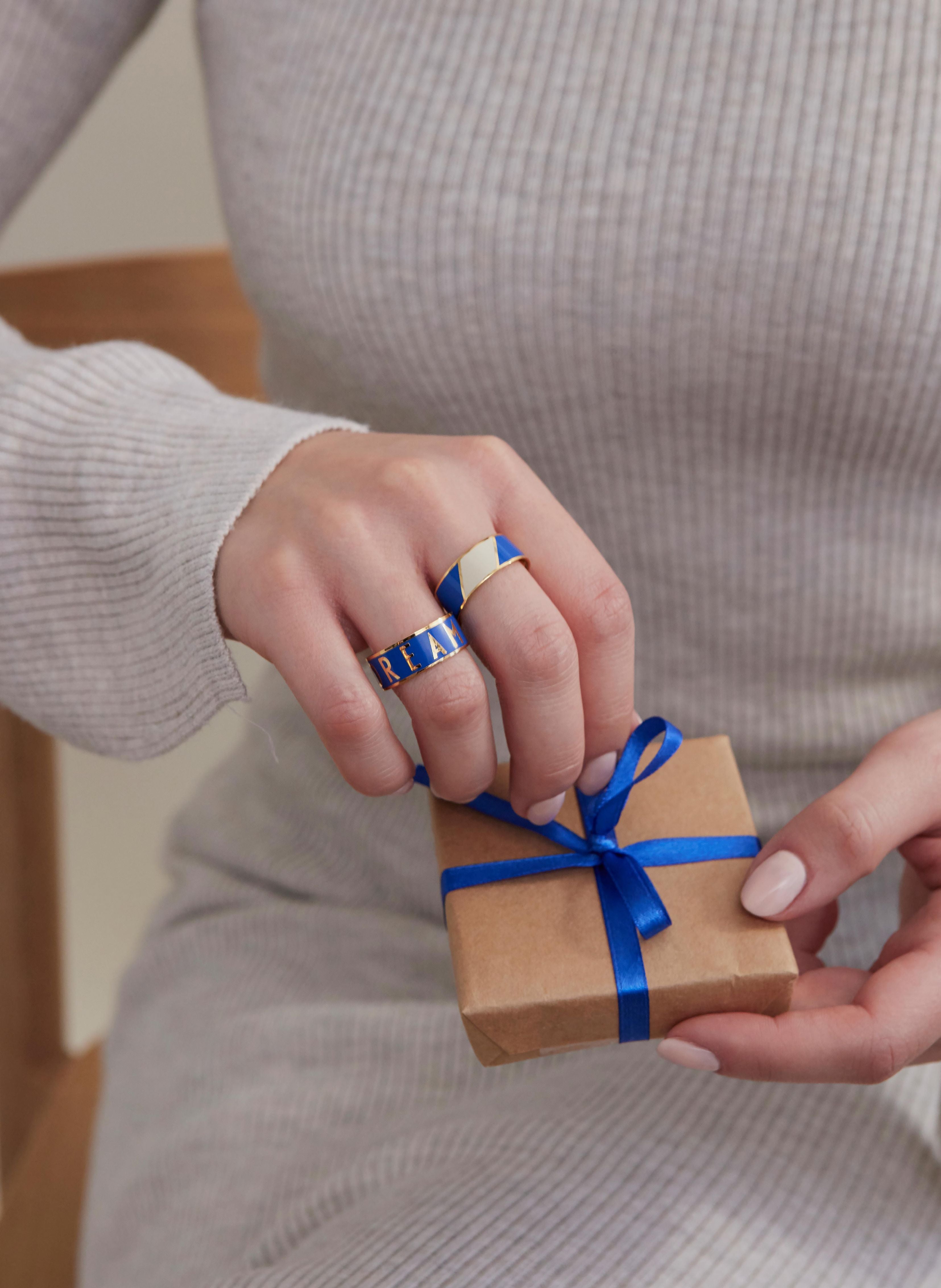 Design Letters Big Striped Candy Ring, Cobalt Blue/White