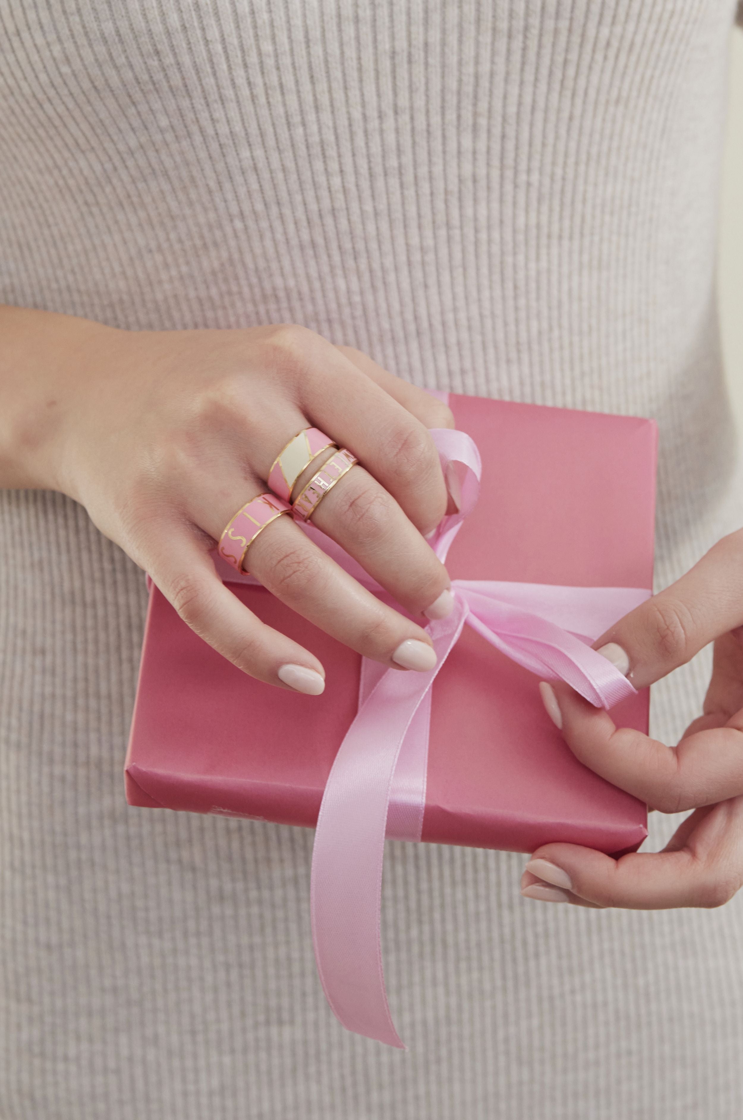 Design Letters Big Striped Candy Ring, Pink/White