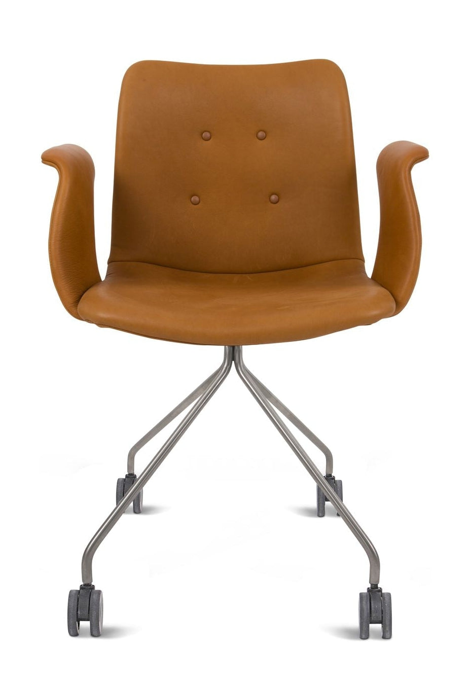 Ohýbená židle Hansen Primum s loketními opěrkami rám kol z nerezové oceli, koňaková Adrianská kůže