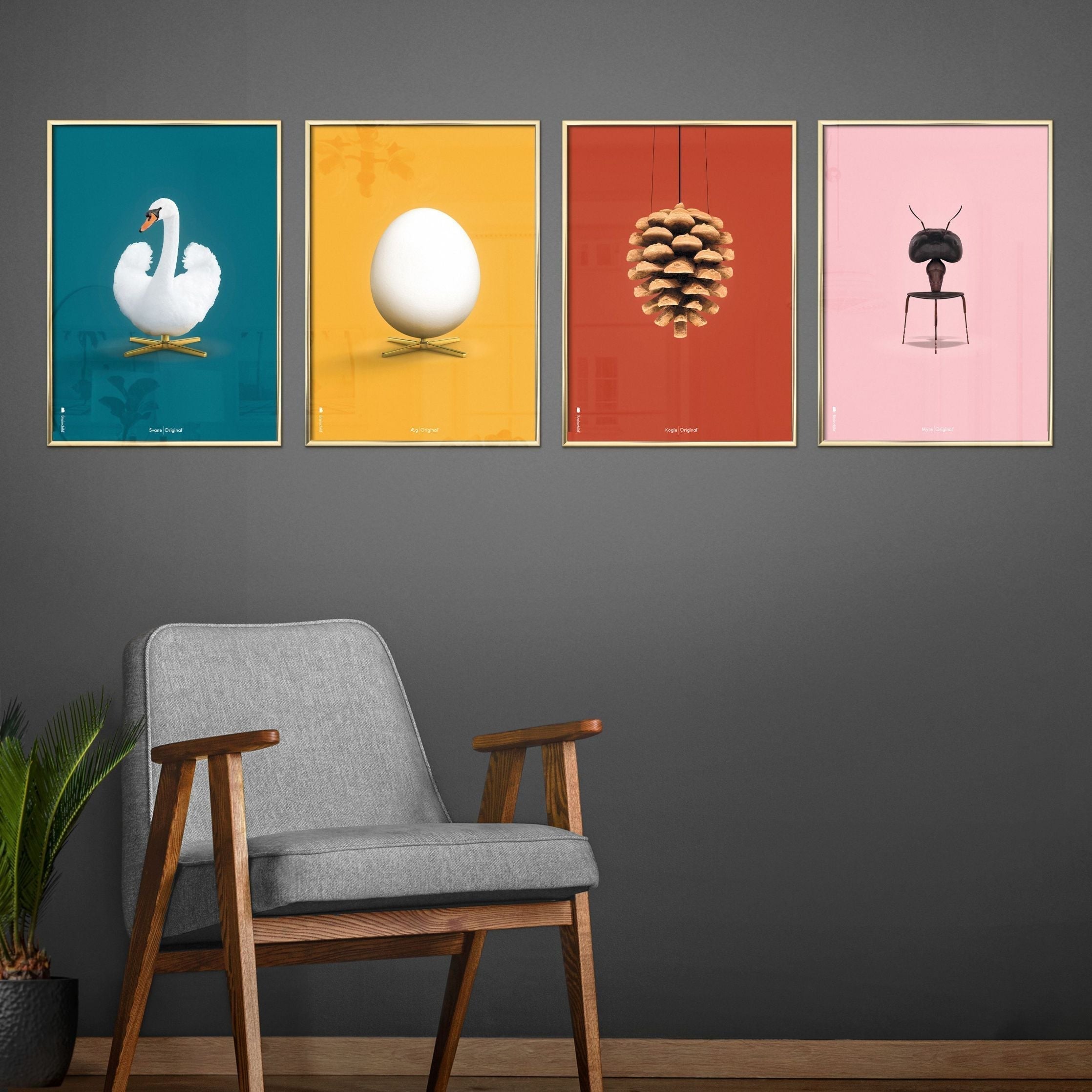Klasický plakát vejce mozků, rám vyrobený z lehkého dřeva A5, žluté pozadí