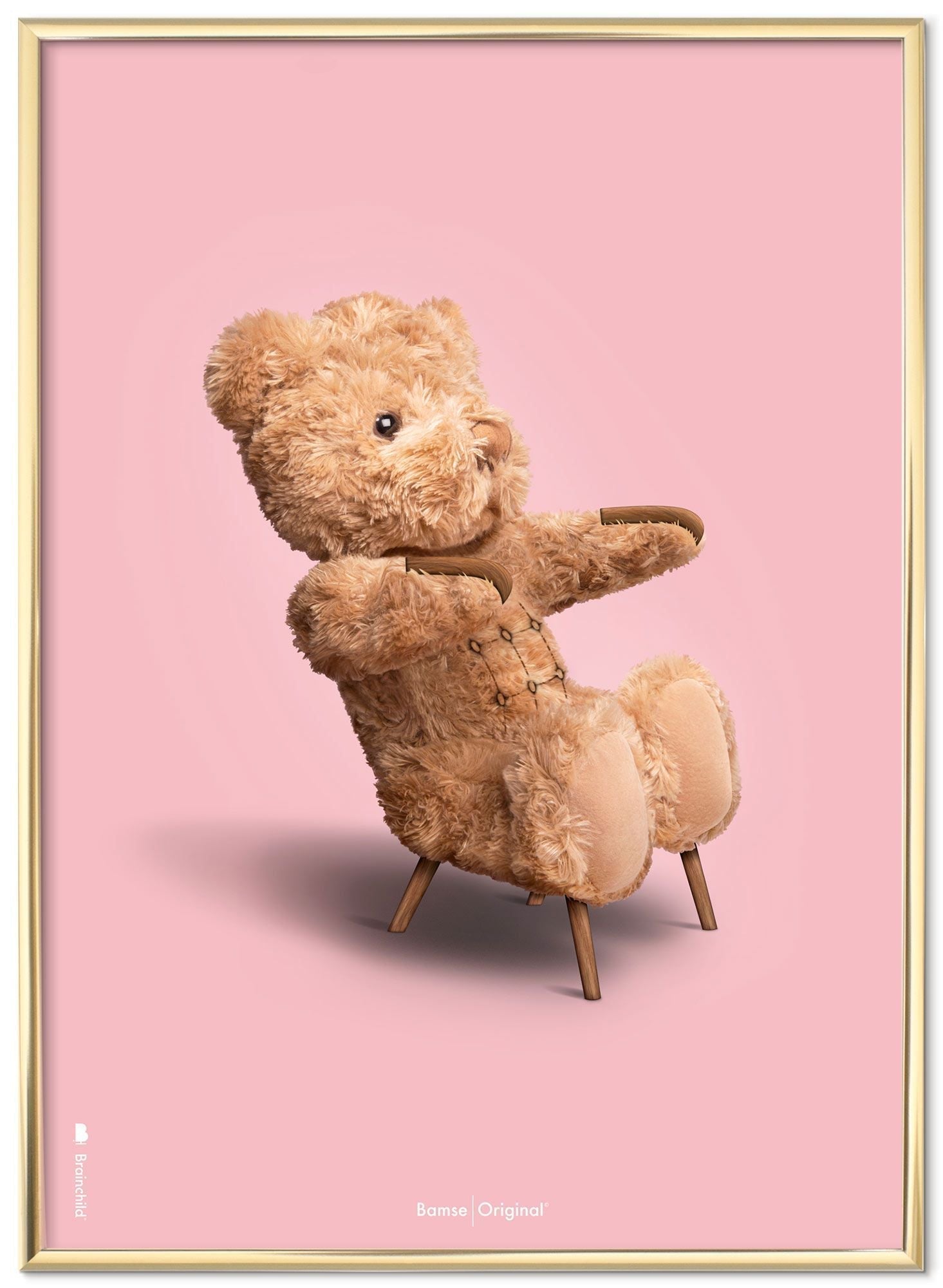 Brainchild Teddy Bear Classic Poster Brass Colored Frame 50x70 Cm, Pink Background