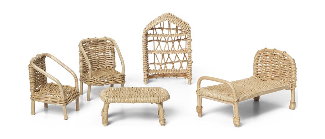 Ferm Living Rattan Dollhouse Furniture Set Of 5, Natural