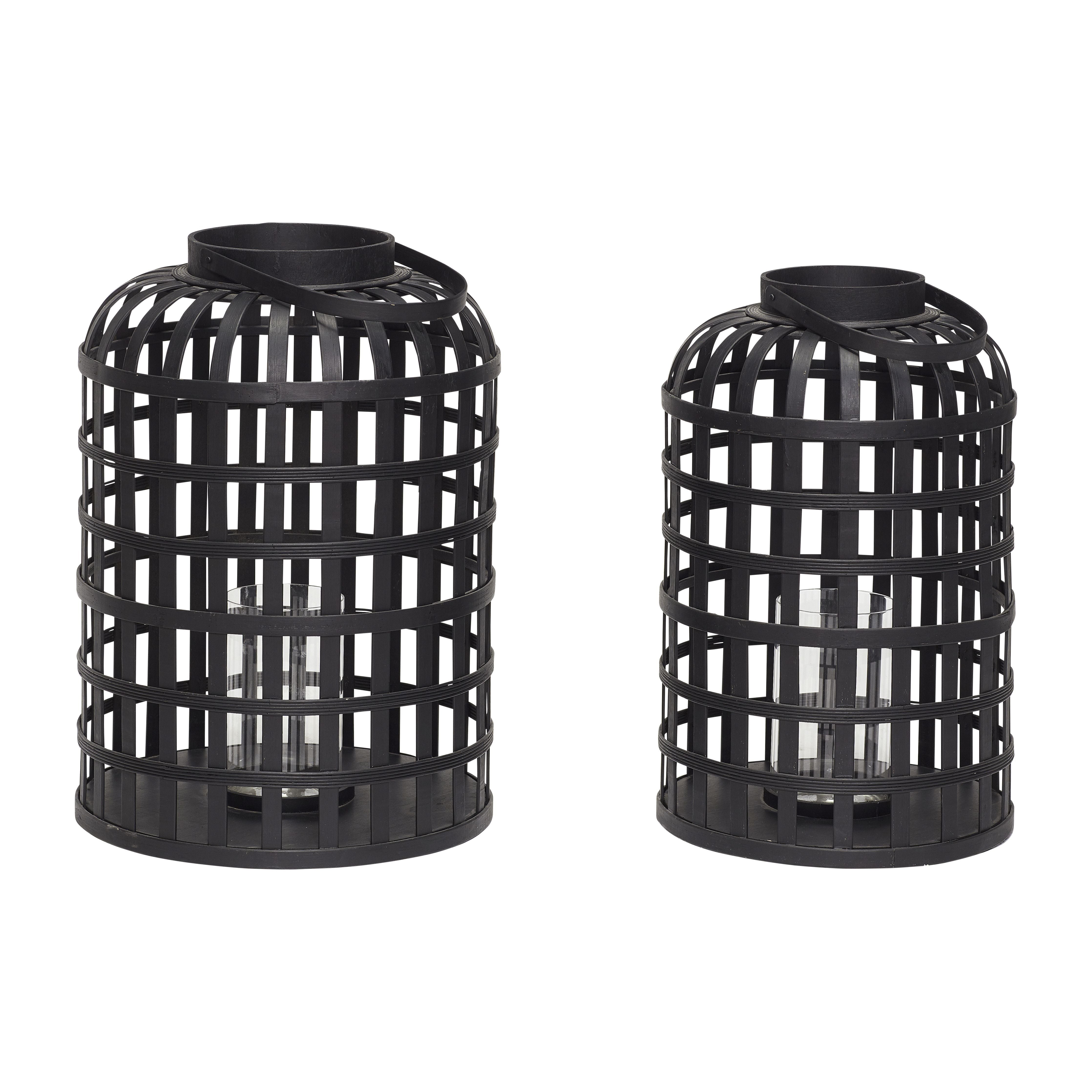 Hübsch Grid Lantern Round Bambus Black Set 2