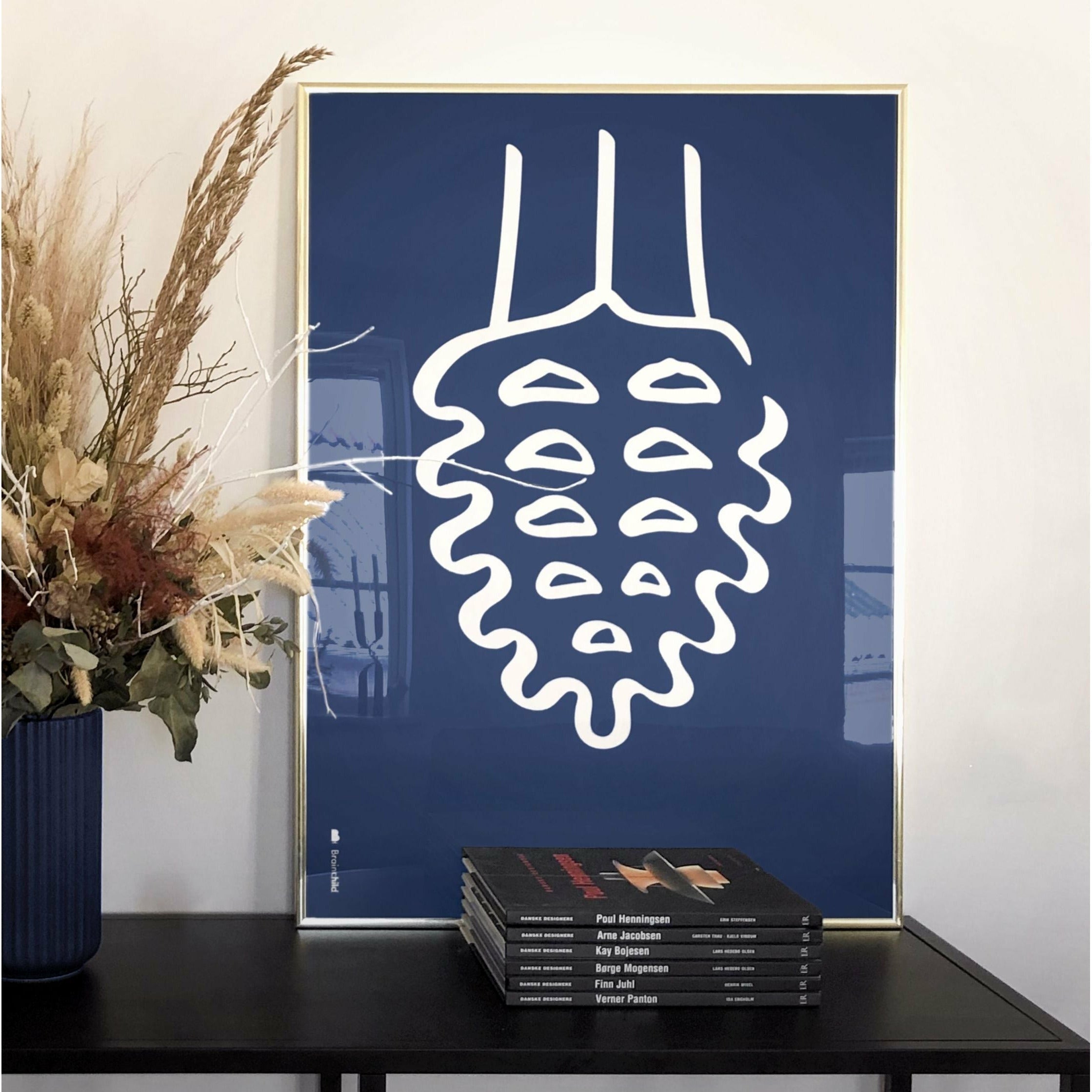 [product_category]-Brainchild Pine Cone Line Poster, Frame In Black Lacquered Wood 50x70 Cm, Blue Background-Brainchild-B-21003-C-BRA-6