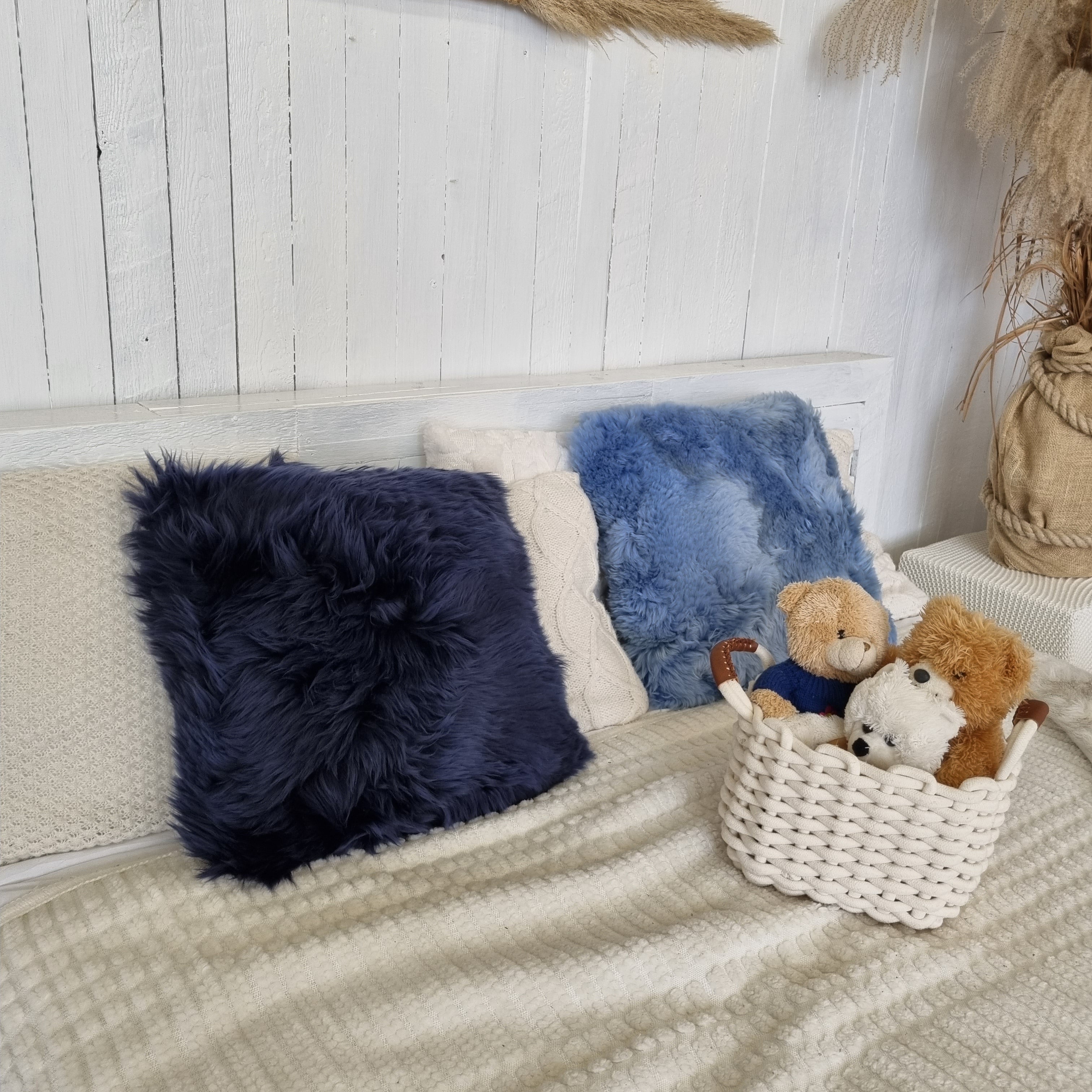 Dark blue genuine sheepskin throw pillow