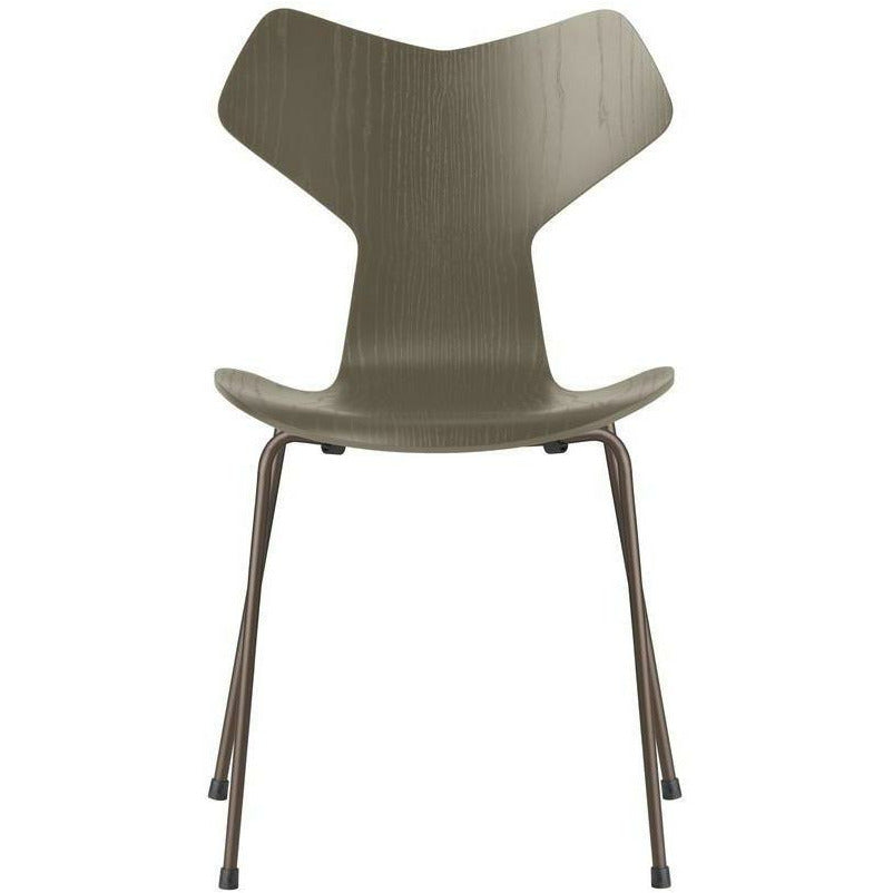 Fritz Hansen Grand Prix Chair Colored Ash Olive Green Bowl, Brown Bronze Base