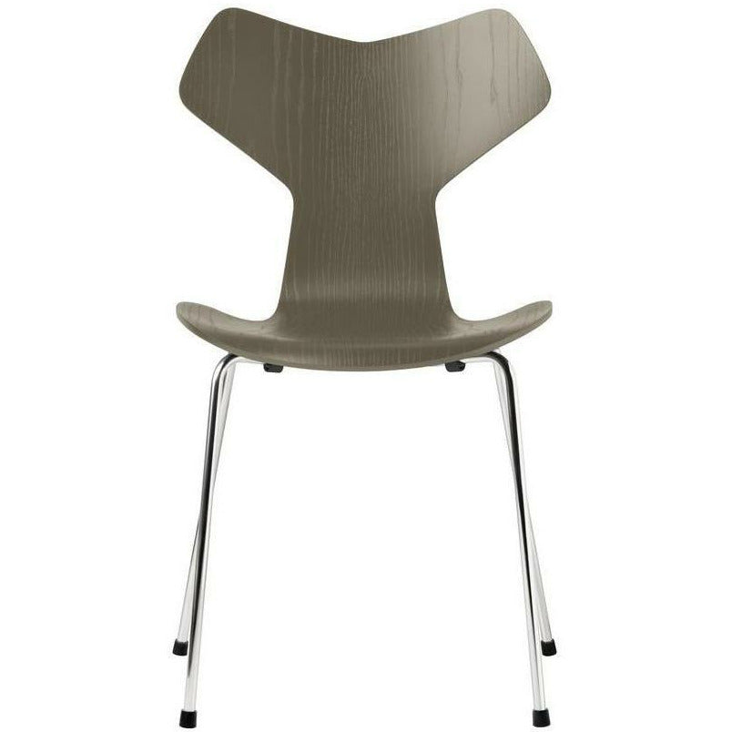 Fritz Hansen Grand Prix Chair Colored Ash Olive Green Bowl, Chromed Steel Base