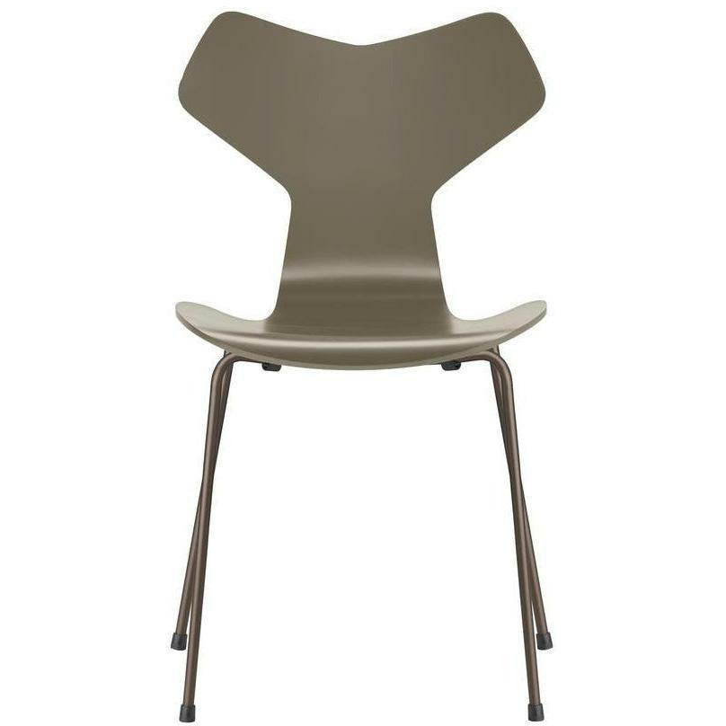 Fritz Hansen Grand Prix Chair Lacquered Olive Green Shell, hnědá bronzová základna