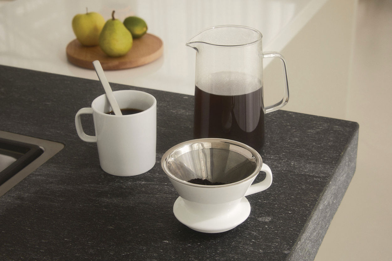 Alessi Slow Coffee, doplňky pro mlýnek na kávu (džbán + síťový filer + držák filtru)