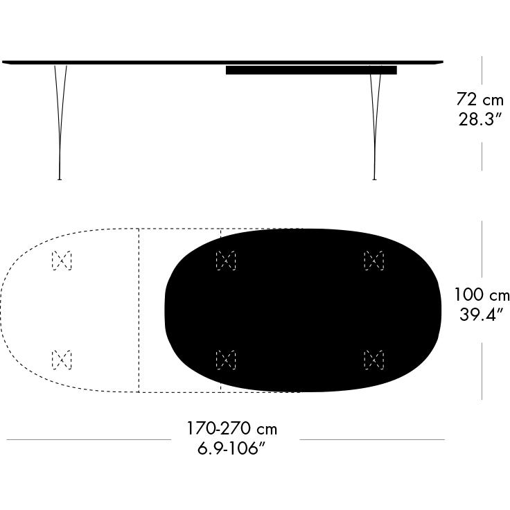 Fritz Hansen Superellipse Rozšiřitelná tabulka Chrome/Black Fenix ​​Lamináty, 270x100 cm