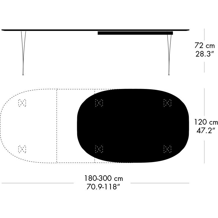 Fritz Hansen Superellipse Rozšiřitelná tabulka Chrome/Black Fenix ​​Lamináty, 300x120 cm