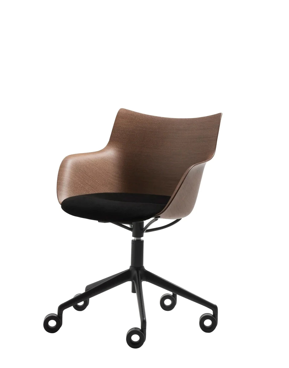 Kartell Q/Wood Armchair With Wheels, Dark Wood/Black/Black