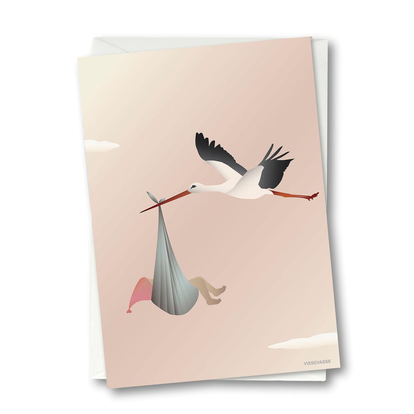 Vissevasse Stork Blonging Card 10,5 x15 cm, růžová